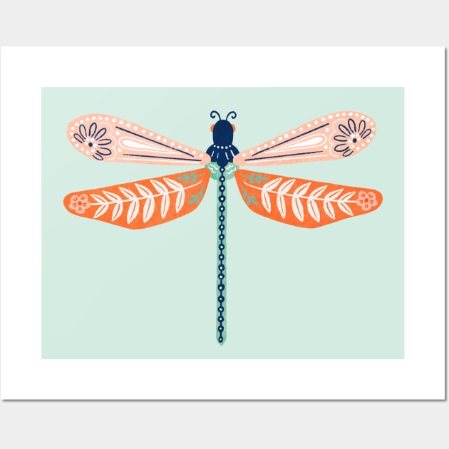 Folk Art Dragonfly - Blush & Mint Wall Art by tangerinetane